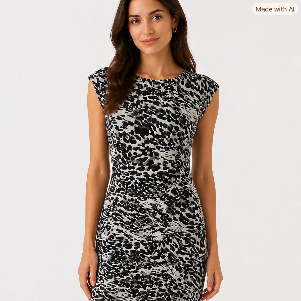 Apt. 9 Black & Grey Animal‑Print Cap‑Sleeve Shift Dress Size S
